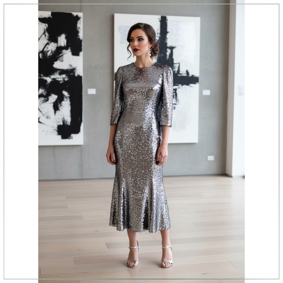 $4950 Dolce & Gabbana Silver and Gold Long Sleeve Sequined Runway Dress - Picture 5 of 9